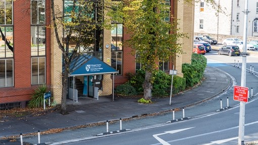 Aerial shot of front of Cardiff Campus