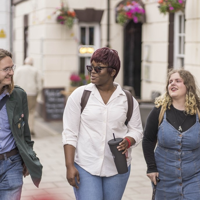 Students walking through Lampeter town