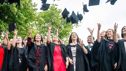 a group of students throwing hats in the air