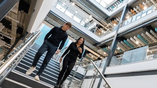 Two students walking down a set of stairs